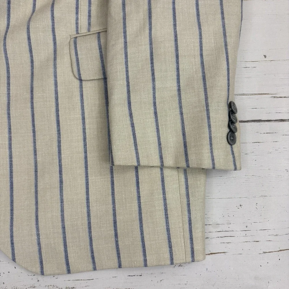 Patrick James Reserve Blazer Sport Coat Mens 44 Beige Stripe Wool Silk Linen